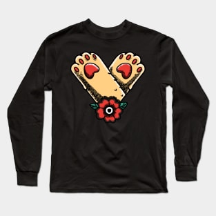 Cat Paws and Red Flower Tattoo Style Long Sleeve T-Shirt